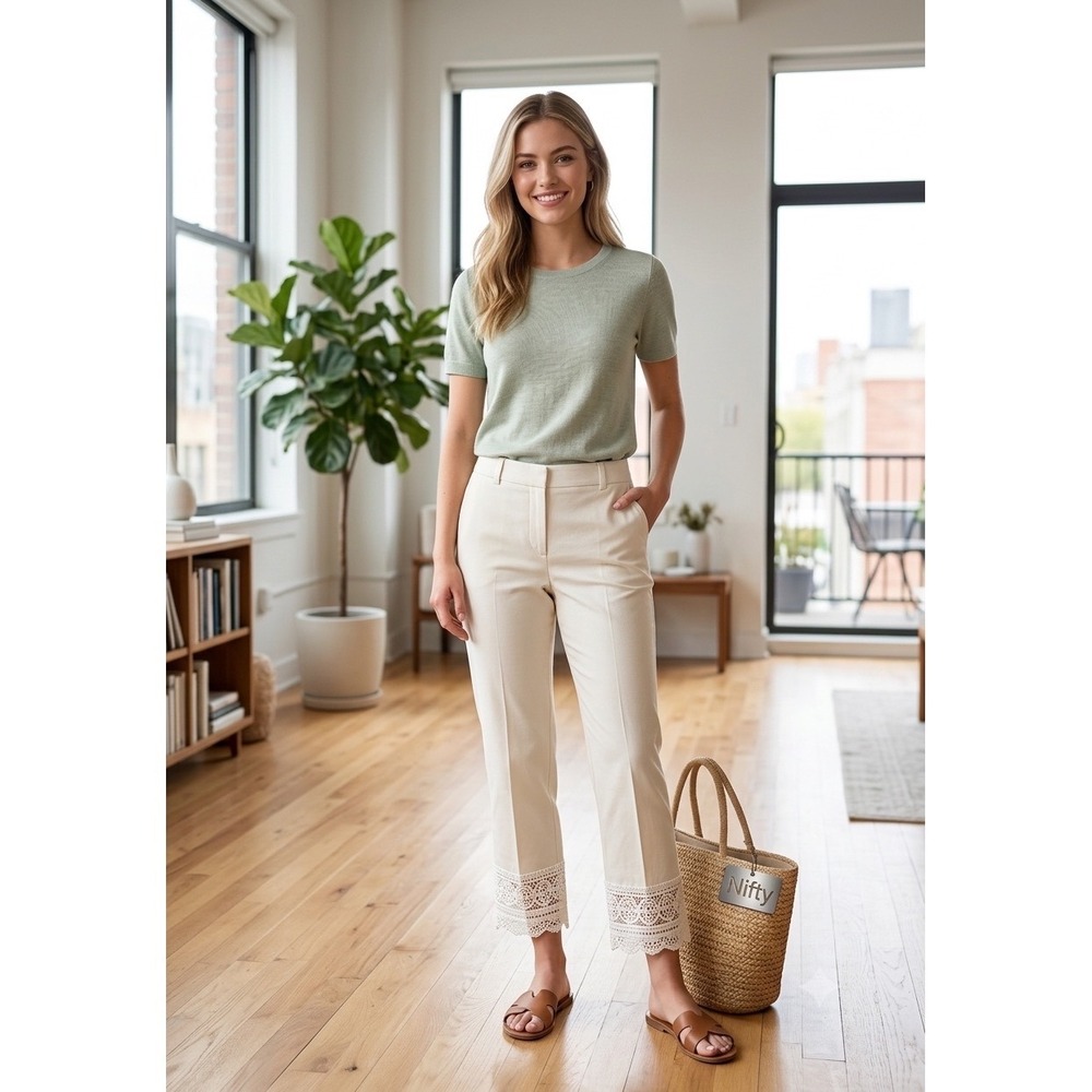 Alfani‎ White Slim Leg Cropped Pants Lace Hem Plus Size 20W Stretch Cotton Blend